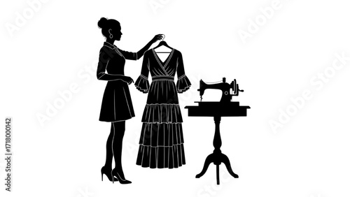 Silhouette of Woman with Sewing Machine and Dress – Fashion Design Illustration