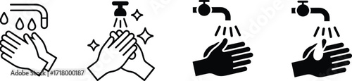 Handwashing icons set, hygiene symbol vector, clean hands graphic, water droplet illustration, soap washing design, black and white layout, health safety concept
