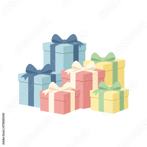 Wrapped gift boxes stacked in different colors, on a transparent background  