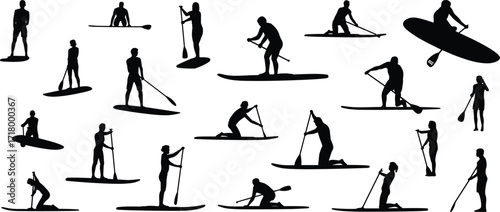 Paddleboarding silhouette icons, water sport poses, stand-up paddling graphic, outdoor activity vector, black and white design, dynamic movement illustration, isolated surf concept