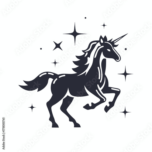 Dark Silhouette Unicorn Rearing Among Stars on a White Background Design