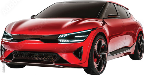 Red futuristic electric car with glowing headlights on a white background automobile vehicle