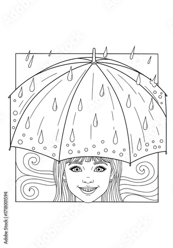 the girl hid under an umbrella during the rain. coloring book