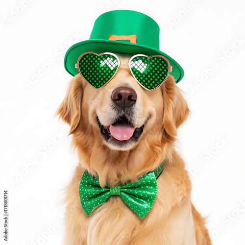 Golden retriever wearing green hat heart shaped glasses and bow tie for saint patricks day