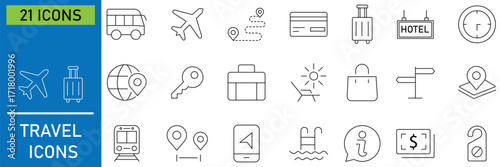 Travel and tourism line icons collection. Containing as trip, beach, passport, luggage, camping, airplane, hotel, summer vacations and more. Modern thin line style of tourism. Vector illustration. 