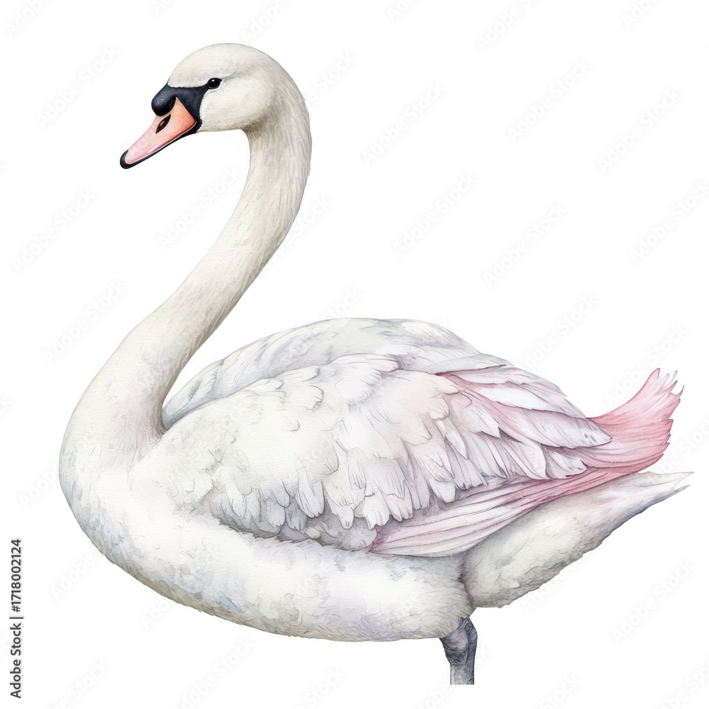 Fototapeta premium A serene white swan gracefully gliding across a calm lake. surrounded by lush greenery and soft ripples. embodying tranquility and beauty in nature. perfect for wildlife and nature-themed projects