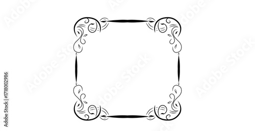 An elegant black ornamental frame with curved floral patterns at each corner on a white background.
