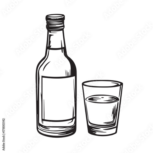 soju bottle and glass on white