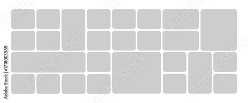 Digital photo wall template with grid of empty frames PNG. Modern picture collage layout for photography portfolio or scrapbook.