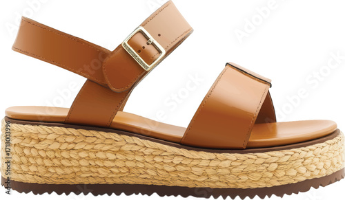 Brown leather and espadrille platform sandal with buckle on a white background shoe footwear
