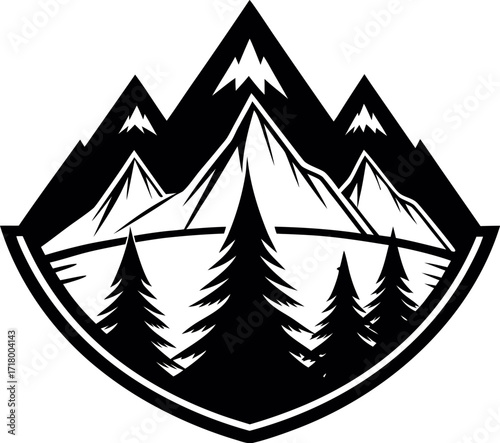Black silhouette of glacier mountains with trees and sky background isolated nature illustration