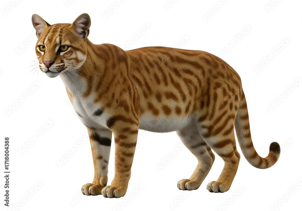 Fototapeta premium A detailed, full shot of a captivating ocelot, showcasing its intricate coat patterns against a black backdrop.