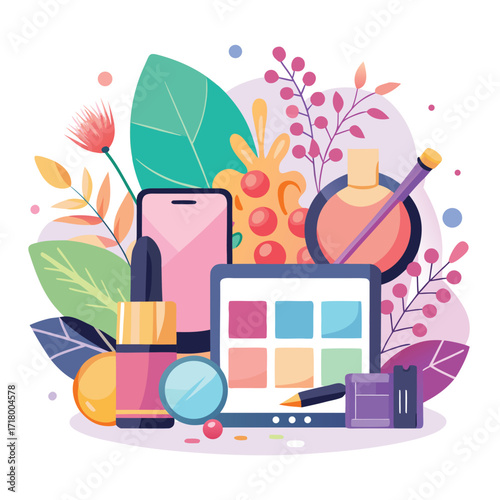 Flat illustration of beauty products with floral elements