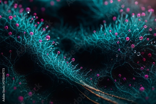 Vibrant microscopic view of bioluminescent neural networks with glowing pink nodes and dew drops, showcasing intricate biological structures and organic growth patterns