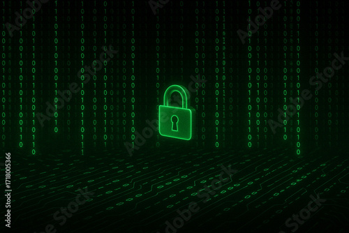 Digital Security Padlock on The Abstract Background of Data Flow