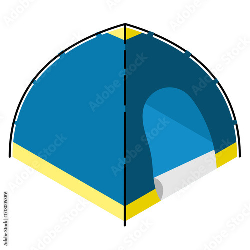 Vector illustration of a blue tent with yellow stripes