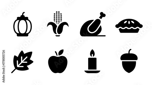 Collection of simple black vector icons representing Thanksgiving-themed items such as pumpkin, corn, roasted turkey, pie, leaf, apple, candle, and acorn.
