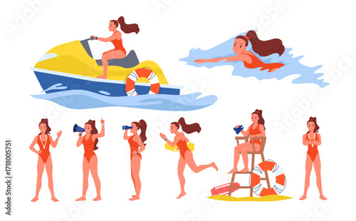 Female beach lifeguard characters at rescue station set. Young woman in red swimsuit standing and waving hand, swimming in sea water waves and on jet ski, holding megaphone cartoon vector illustration