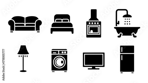 Collection of black household furniture and appliances vector icons in silhouette including sofa, bed, stove, bathtub with shower, lamp, washing machine, television, and refrigerator  
