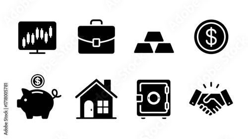 Collection of black vector icons of financial assets and investments, including stock chart, briefcase, gold bars, coin, piggy bank, house, safe, and handshake.
