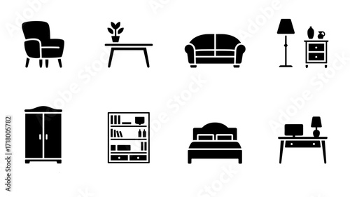 Collection of black vector icons of furniture, including chair, table, sofa, lamp, cabinet, bookshelf, bed, and desk, each representing pieces typically found in a home.
