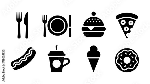 Arrangement of black vector icons of assorted food, including pizza slice, burger, hot dog, cutlery, coffee, ice cream, and donut in a simple monochrome style.
