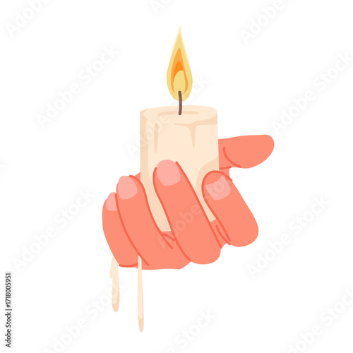 Human hand holding white candle with flame on candlewick and falling drops of wax. Burning candle for candlelight meditation, prayer and memorial ceremony, worship rite cartoon vector illustration