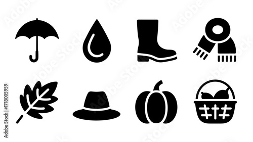 Set of black vector icons representing themes of autumn, including umbrella, raindrop, rain boot, scarf, autumn leaf, hat, pumpkin, and basket of harvest.
