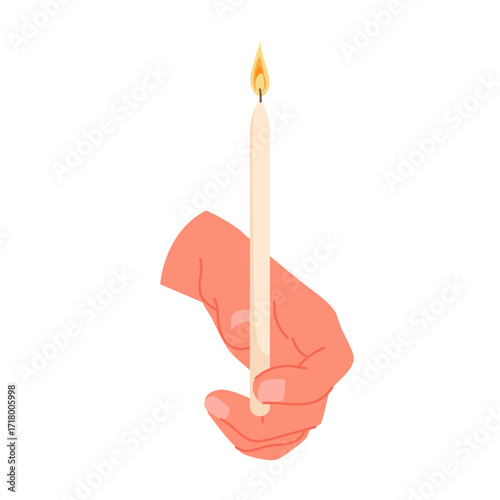 Human hand holding white candle with flame on candlewick and falling drops of wax. Burning candle for candlelight meditation, prayer and memorial ceremony, worship rite cartoon