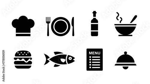 Collection of black vector icons of food service including chef's hat, burger, fish, menu, wine bottle, and service bell, suggesting a diverse culinary experience at a restaurant.
