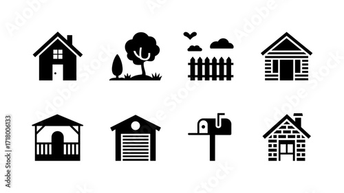 Collection of black vector icons of housing, garden, garage, gazebo, fence, and mailbox in a simple and clean style.
