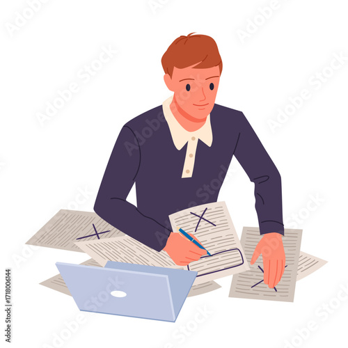 Document review and grammar error check by editor, teacher. Young man sitting at table with laptop and pile of paper sheets with text, holding pen to correct mistakes cartoon vector illustration