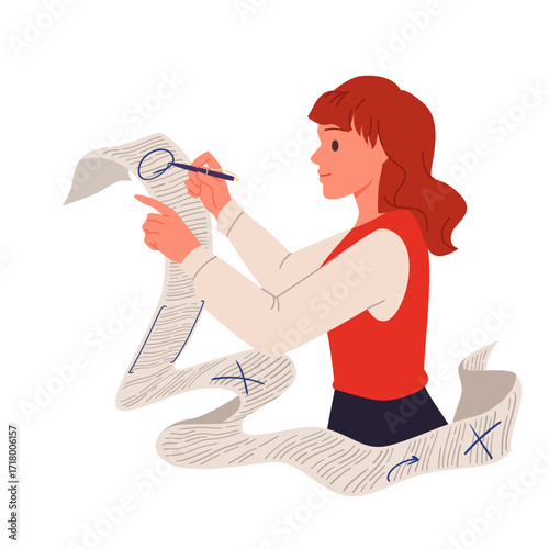 Text of article and content review by editor, proofreading process. Girl holding pen to proofread and check grammar mistake and spelling with accuracy in paper document cartoon vector illustration