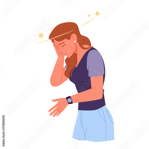 Sad woman with vertiginous stars around head suffering from migraines or anemia symptoms, stress and anxiety, vertigo. Girl with sickness feeling dizzy from iron deficiency cartoon vector illustration