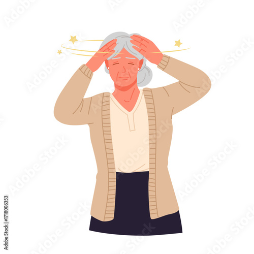 Elderly woman with vertiginous stars motion holding head with hands. Old nervous lady feeling worry and anxiety, panic and symptoms of chronic diseases, mental disorder cartoon vector illustration