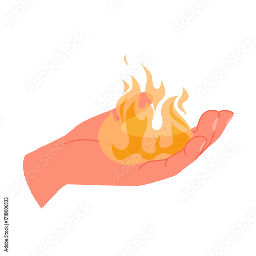 Human hand holding hot fire. Palm of wizards arm with magic gesture to carry flame and burn bonfire, throw fireball or keep heat, hand giving dangerous flammable gift cartoon vector illustration