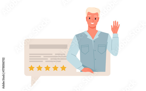 Good review, online customer feedback with five rating stars and opinion text. Speech bubble with happy man waving hand and positive comment of product satisfaction cartoon vector illustration