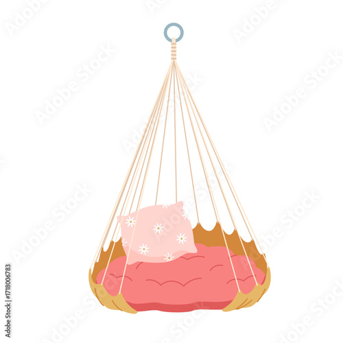 Soft cozy red big pillow hanging on ropes and ring to sleep and relax. Pink cushion with white floral pattern and garden lounge mattress, bed for rest and relaxation cartoon vector illustration