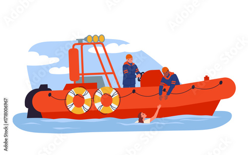 Rescue operation of lifeguards team on water. People in uniform rescuing drowning woman from water after swimming accident, rescuers in red boat with life preservers cartoon vector illustration