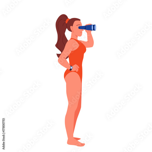 Female lifeguard standing with binoculars to watch people drowning in sea or ocean water. Brave girl with wristwatch, red swimsuit and ponytail looking through lenses cartoon vector illustration
