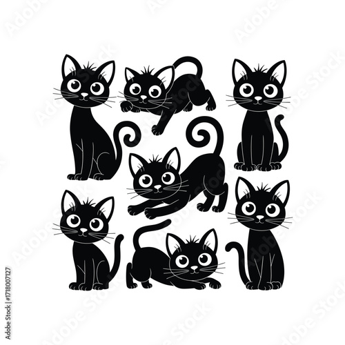 Cute Cartoon Black Cat Vector Set in Different Poses
