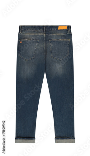 Slika na platnu Close up back view of dark wash denim jeans with cuffed hems