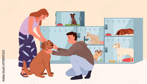 Happy couple adopting stray dog, adoption to family. Two pet owners standing with friendly adorable puppy, hugs and love from man and woman to new friend companion