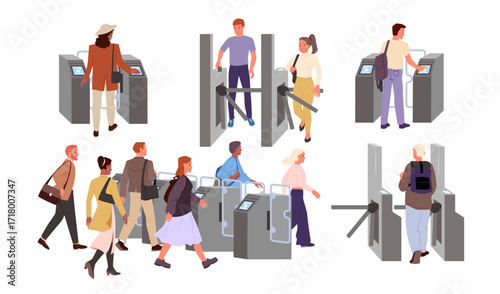 Turnstile entrance with people set. Passengers pass automatic tourniquet barriers with security access for underground subway infrastructure, commuter transportation cartoon vector illustration