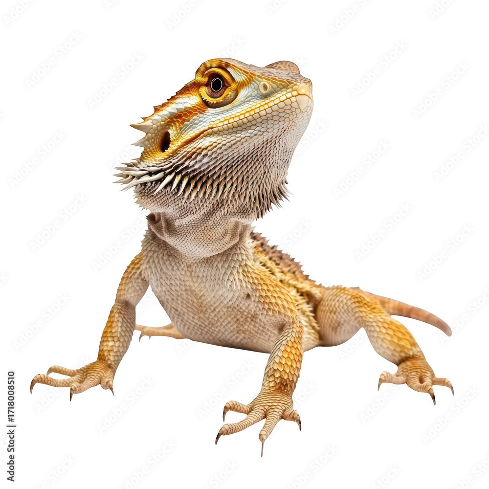 Obraz premium A bearded dragon posing confidently against a clean white background. its unique textures and colors. ideal for educational materials or pet care articles
