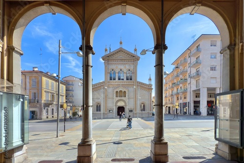 view of the downtown of cuneo italy with church sacro cuore di gesù