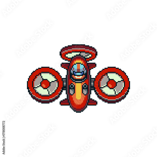 Pixel art illustration of a futuristic red helicopter or drone-like aircraft, shown from a top view with two large propellers and a cockpit in the center.