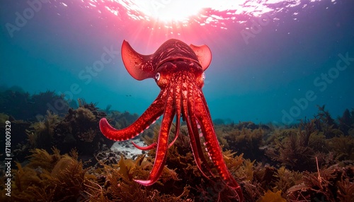 Vampire Squid Floating with Extended Arms in Red Lighting