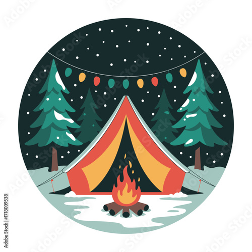 Cozy Winter Camping Scene with Tent, Campfire and Christmas Lights