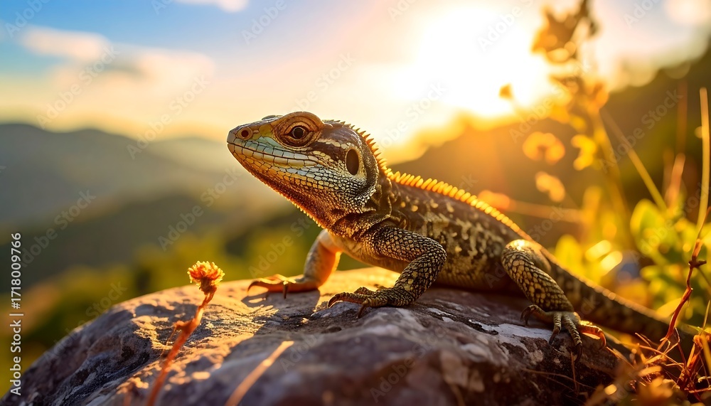 Obraz premium Lizard basking in mountain sunset